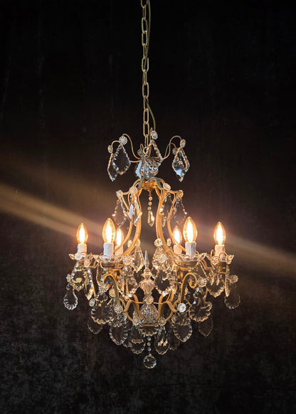 Classical Antique French 6 Arm Caged Bronze Crystal Chandelier Ceiling Light
