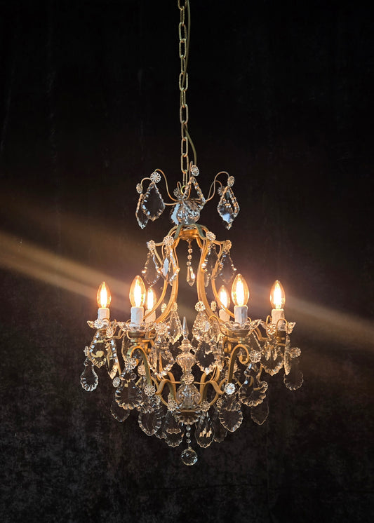 Classical Antique French 6 Arm Caged Bronze Crystal Chandelier Ceiling Light