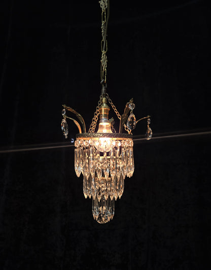 Beautiful Antique French Crystal Waterfall Brass Leaf Chandelier Ceiling Light