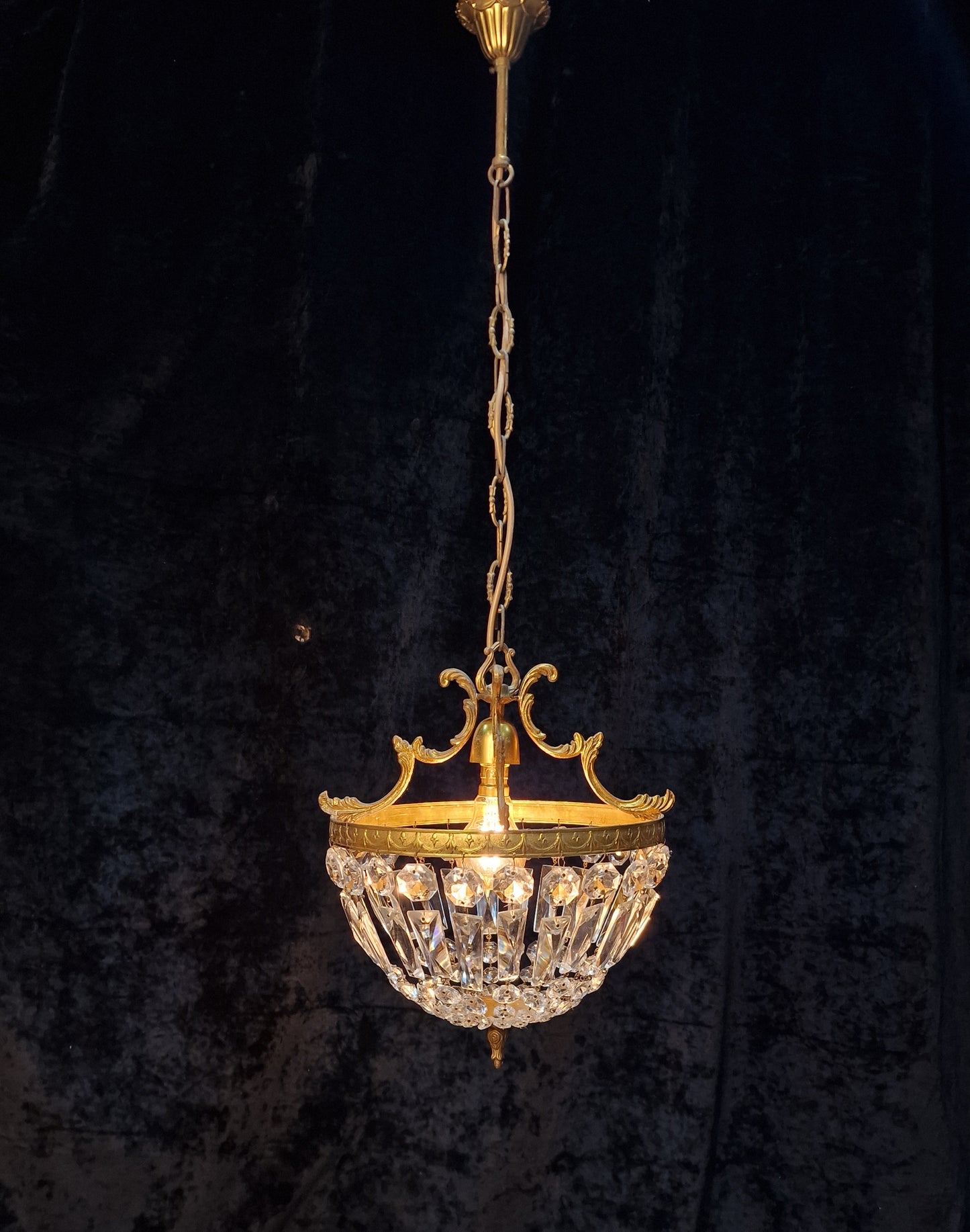 Lovely Vintage French 1 Light Brass Crystal Half Bag Montgolfiere Chandelier