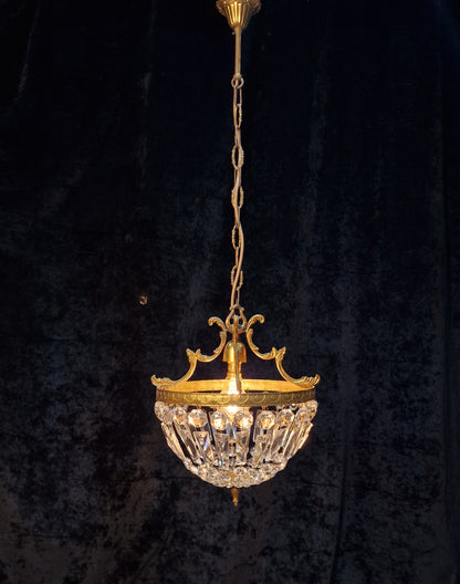 Lovely Vintage French 1 Light Brass Crystal Half Bag Montgolfiere Chandelier