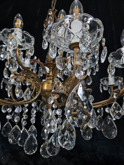 Fabulous Large Vintage Italian Heavy 8 Arm 16 Light Brass Crystal Chandelier