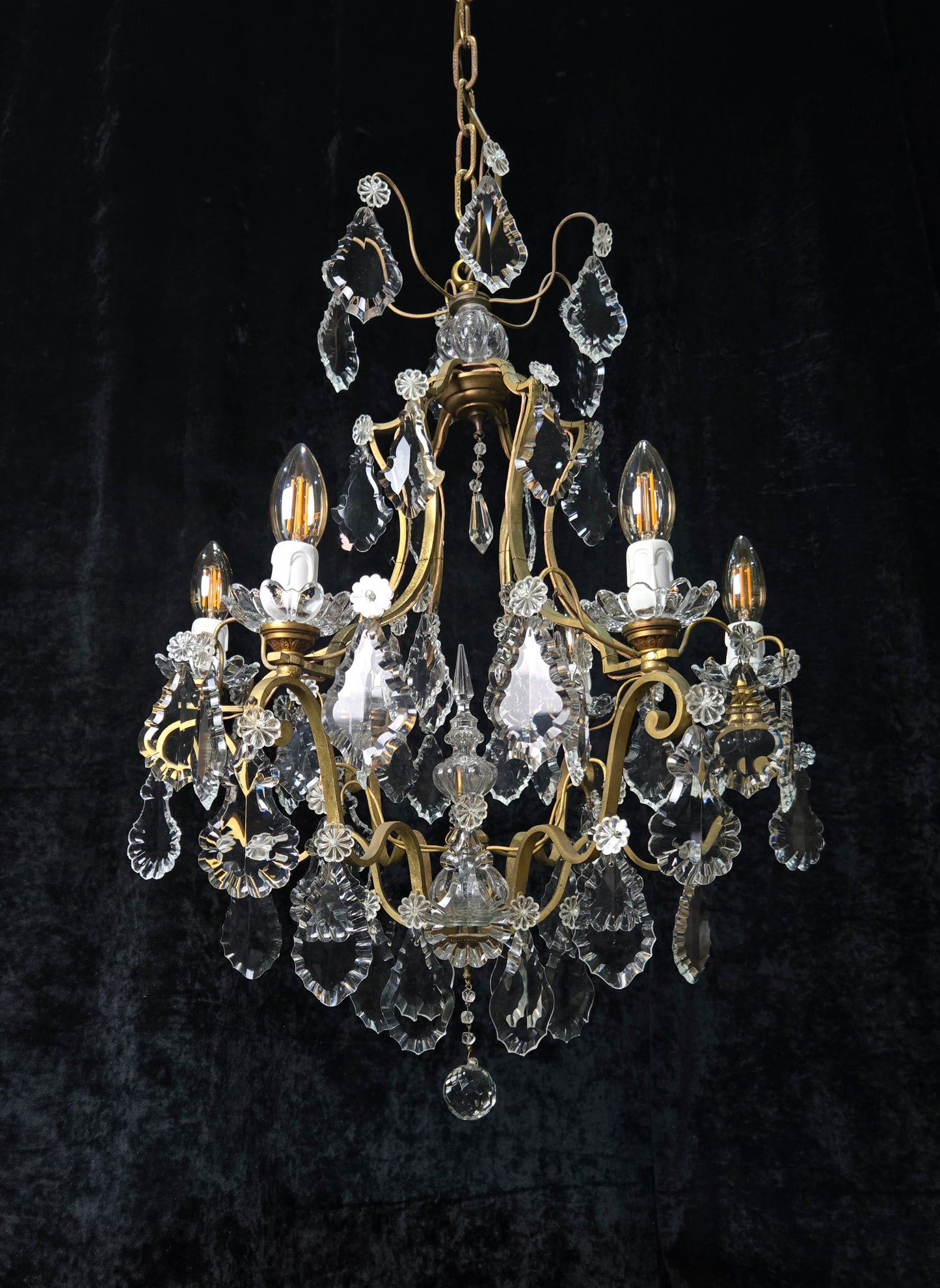 Classical Antique French 6 Arm Caged Bronze Crystal Chandelier Ceiling Light