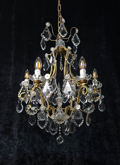 Classical Antique French 6 Arm Caged Bronze Crystal Chandelier Ceiling Light