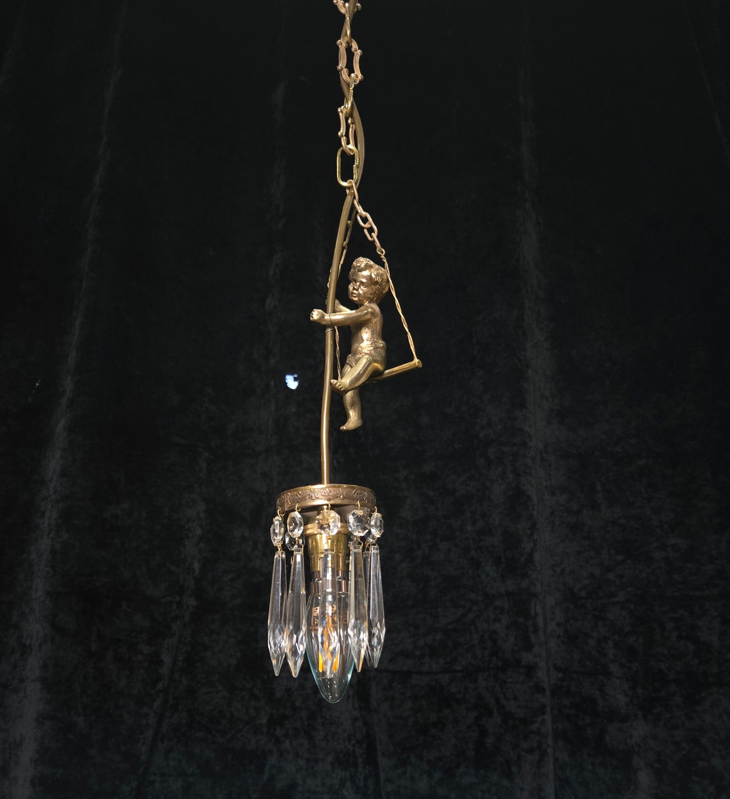 Beautiful Petite Vintage French Brass Cherub Crystal Chandelier Ceiling Light