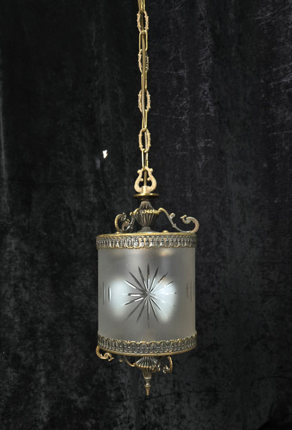 Elegant Vintage Italian Cylinder Cut Glass Starburst Brass 3 Light Lantern