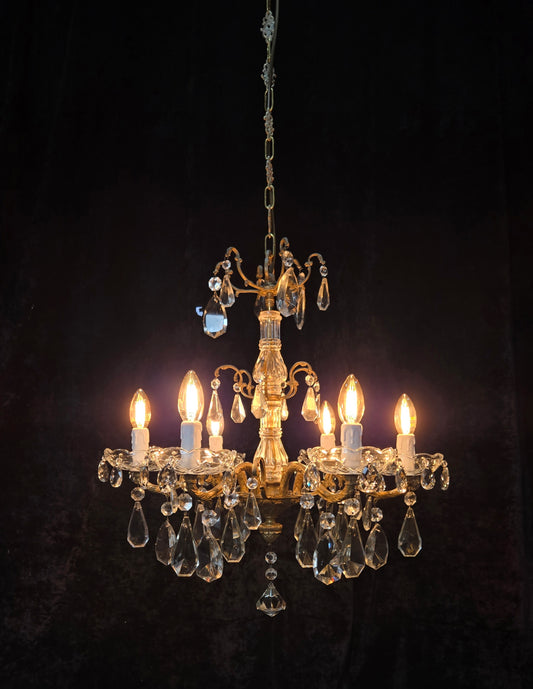 Fabulous Antique French 6 Arm Brass 2 Tier Crystal Chandelier Ceiling Light