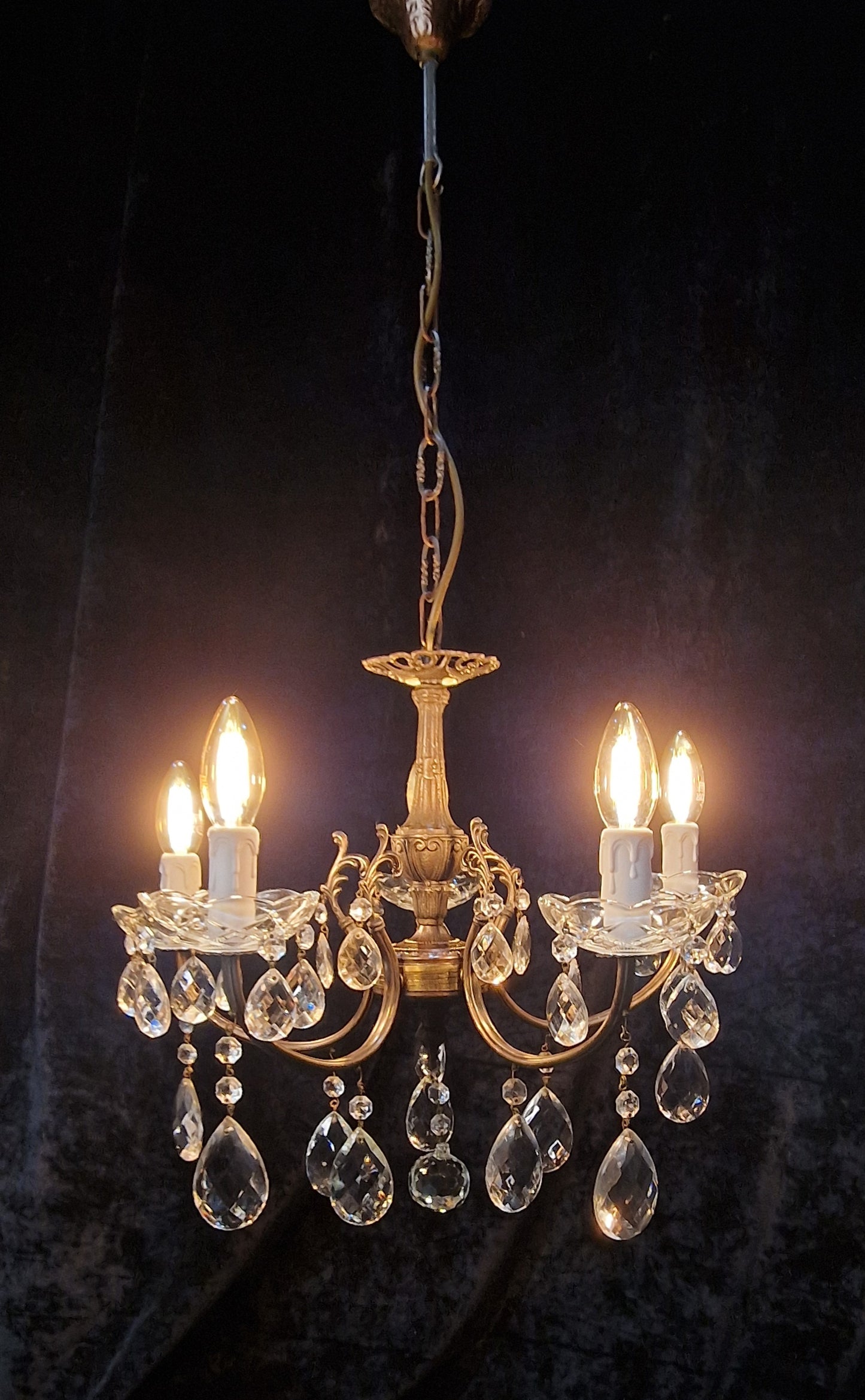 Lovely Elegant Vintage Italian 5 Arm Brass Crystal Chandelier Ceiling Light