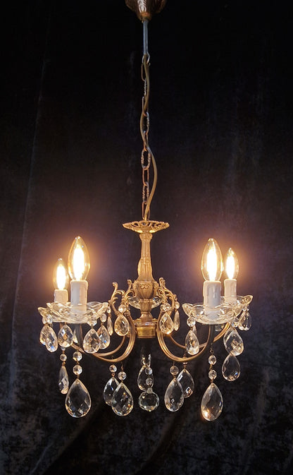 Lovely Elegant Vintage Italian 5 Arm Brass Crystal Chandelier Ceiling Light