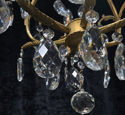 Beautiful Vintage Italian 3 Arm Brass Crystal Cage Chandelier Ceiling Light