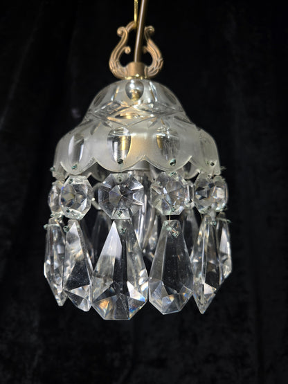 Stunning Petite Cut Glass Crystal Antique Shade Brass Pendant Light Chandelier