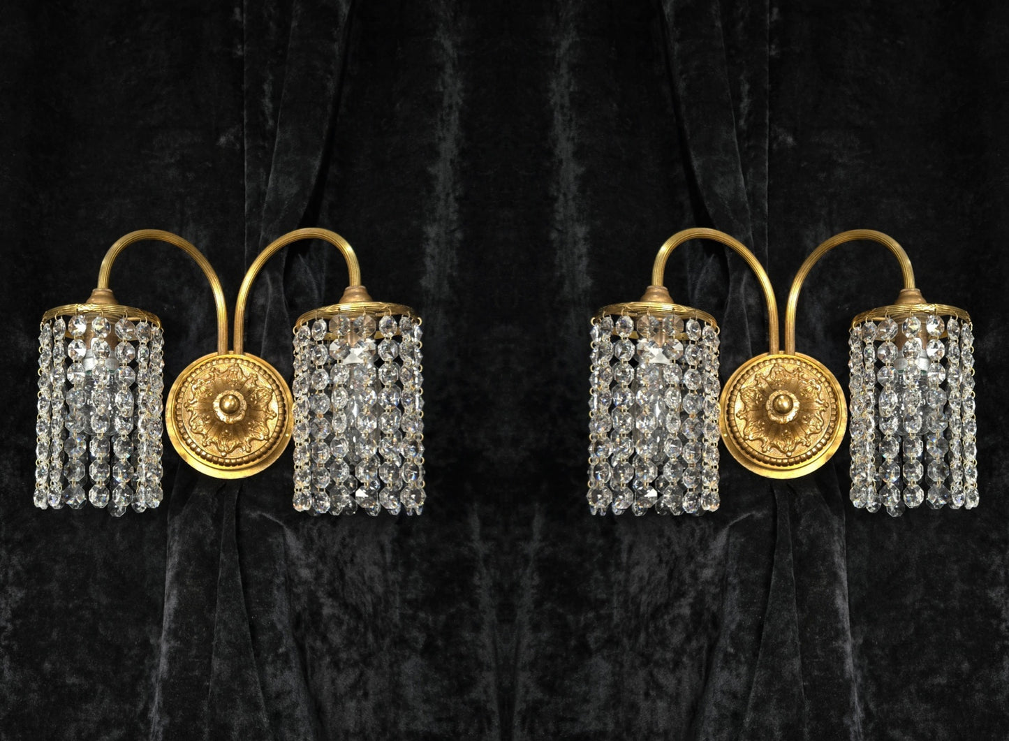Beautiful Pair of Vintage French 2 Arm Brass Wall Lights with Crystal Shades
