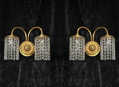 Beautiful Pair of Vintage French 2 Arm Brass Wall Lights with Crystal Shades