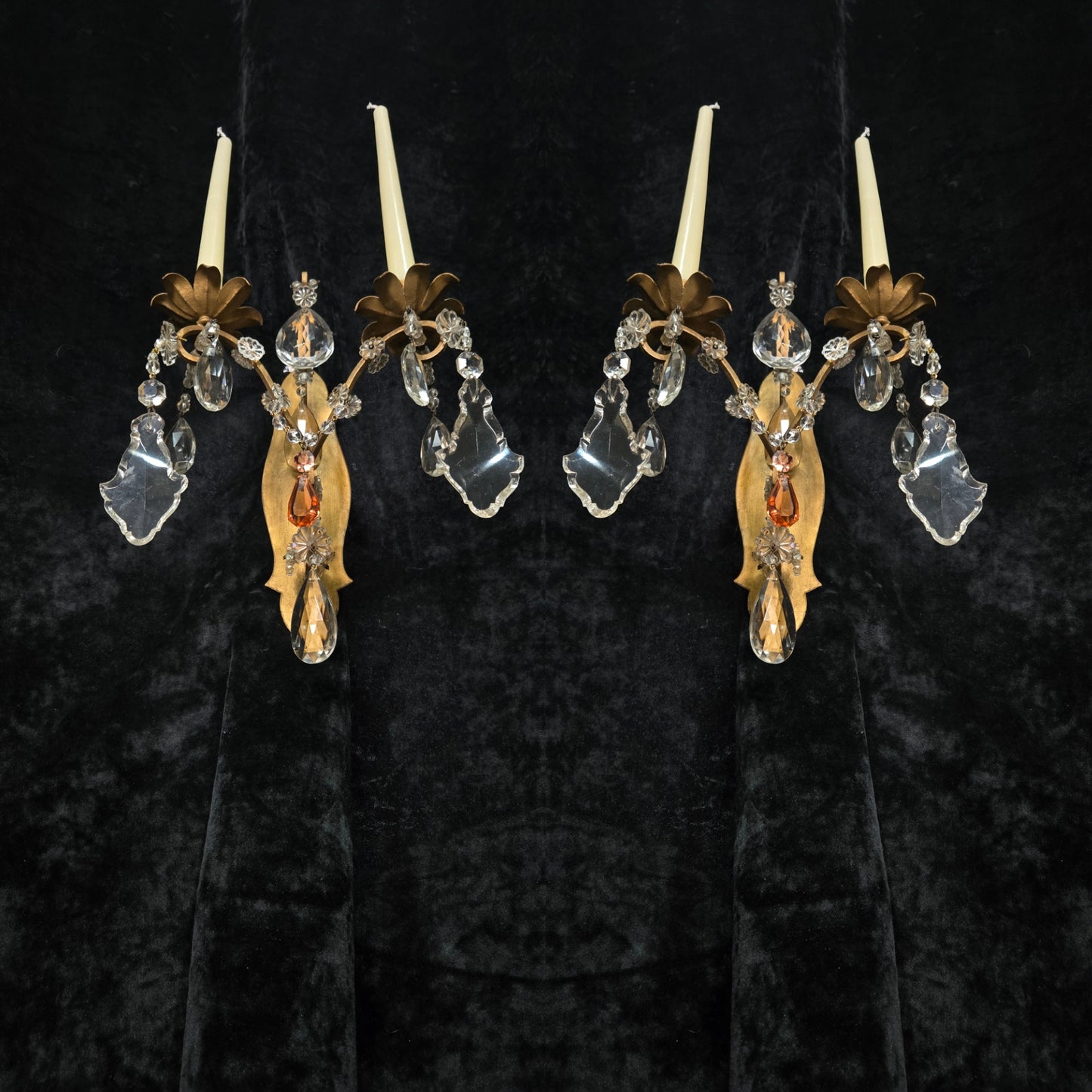 Fabulous Pair Vintage Italian 2 Arm Gilded Wrought Iron Crystal Candle Sconces