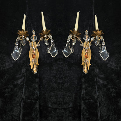 Fabulous Pair Vintage Italian 2 Arm Gilded Wrought Iron Crystal Candle Sconces