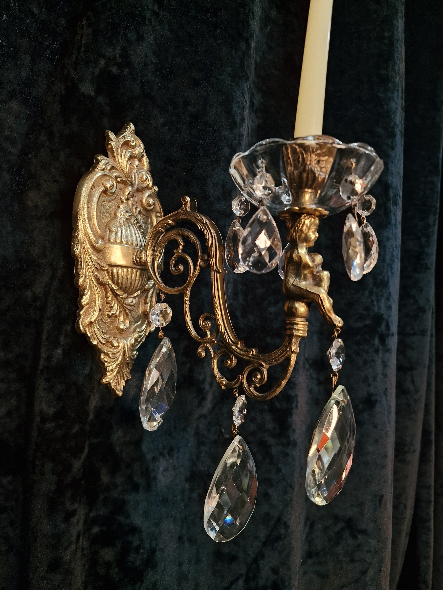 Fabulous Pair Italian Vintage Candle Cherub Brass Crystal Wall Sconces Lights