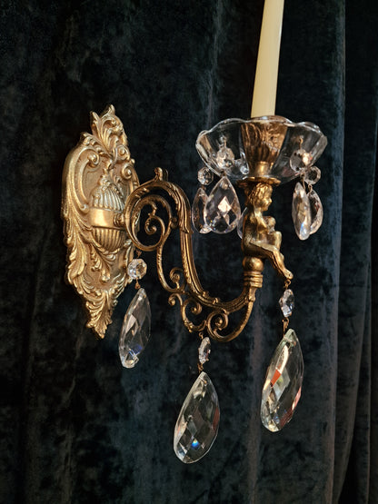 Fabulous Pair Italian Vintage Candle Cherub Brass Crystal Wall Sconces Lights