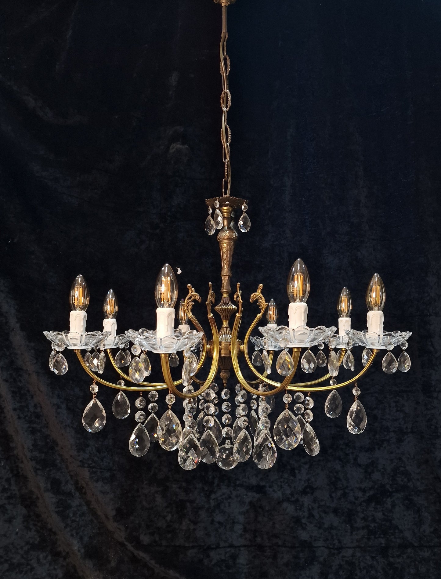 Lovely Vintage Italian 8 Arm 2 Tone Brass Leaf Crystal Chandelier Ceiling Light
