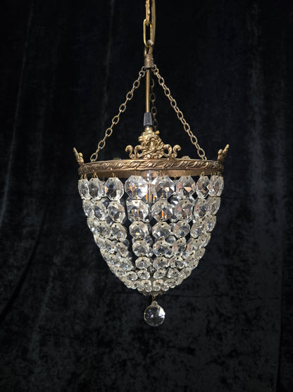 Beautiful Antique French Crystal Bag Brass and Bows Chandelier Ceiling Light