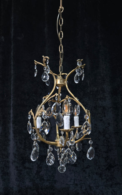 Beautiful Vintage Italian 3 Arm Brass Crystal Cage Chandelier Ceiling Light
