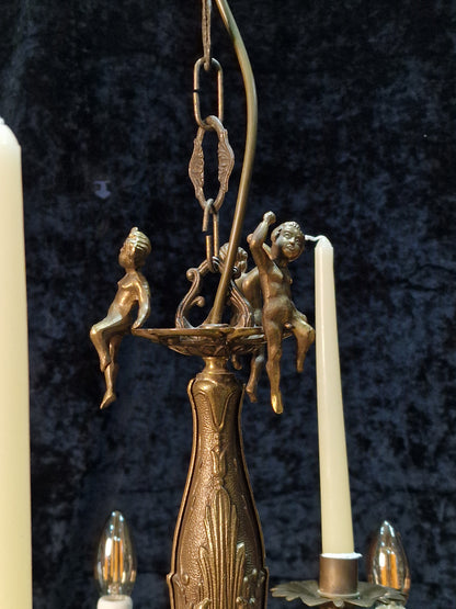 Decorative Vintage Italian Brass Cherub 8 Arm 4 Candle Chandelier Ceiling Light