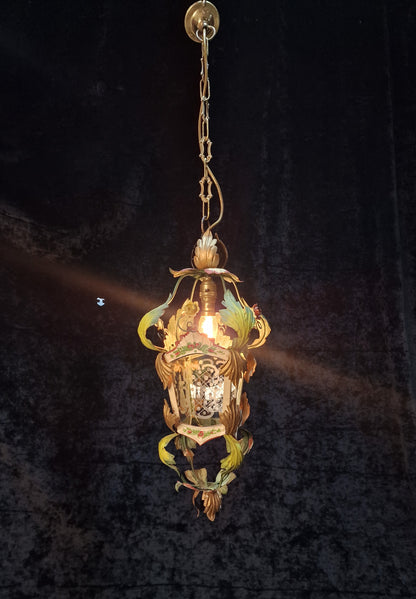 Florentine Vintage Italian Hand Painted Toleware Iron Lantern Ceiling Light