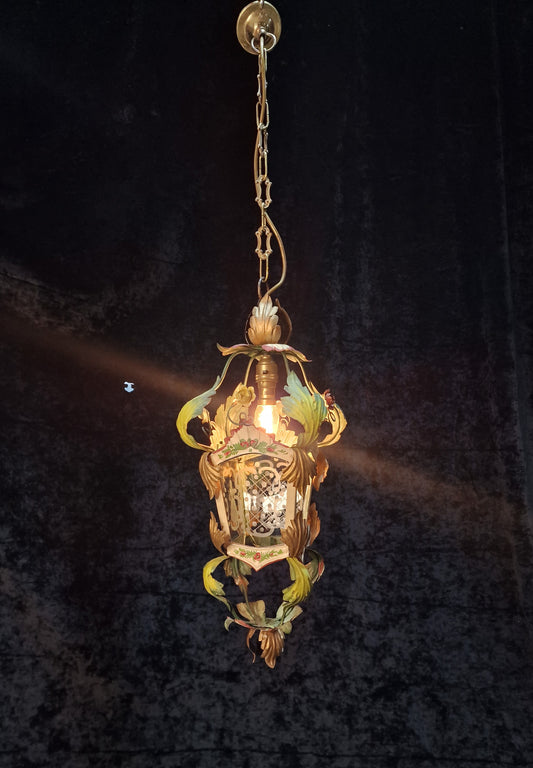 Florentine Vintage Italian Hand Painted Toleware Iron Lantern Ceiling Light