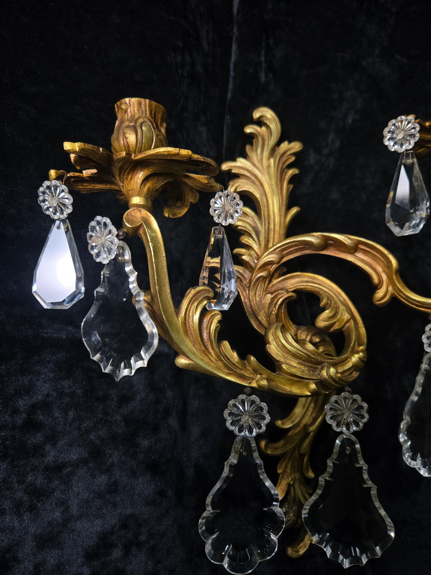 Fabulous Pair Antique French Heavy Gilt Bronze 2 Arm Crystal Candle Wall Lights