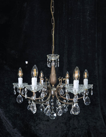 Beautiful Vintage Italian 6 Arm Brass Glass Crystal Chandelier Ceiling Light