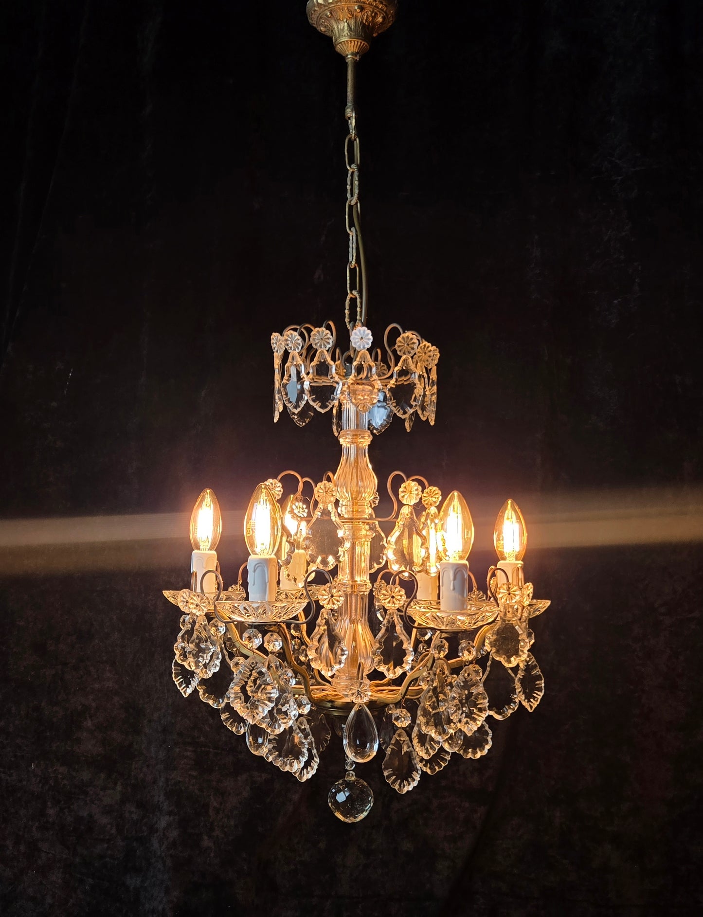 Fabulous Heavy Antique French 6 Arm Bronze Tiered Crystal Chandelier Light