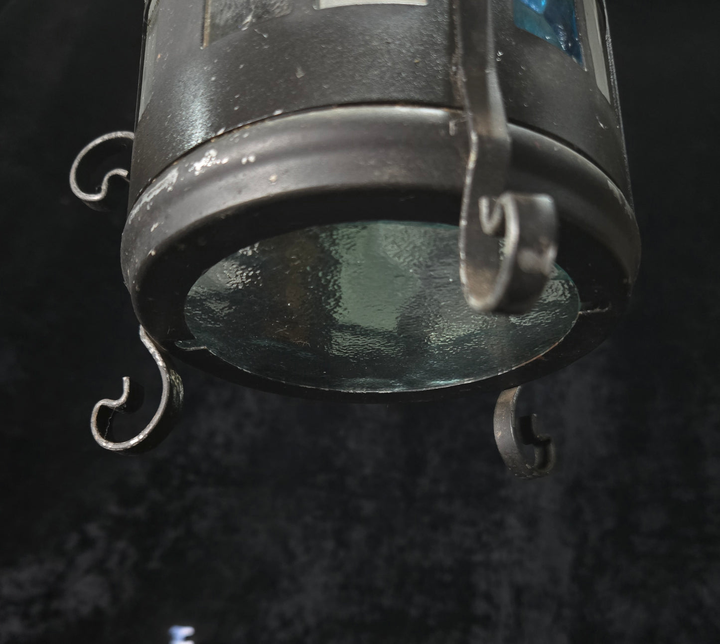 Lovely Petite Vintage French Wrought Iron Gothic Coloured Glass Lantern Light