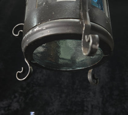 Lovely Petite Vintage French Wrought Iron Gothic Coloured Glass Lantern Light