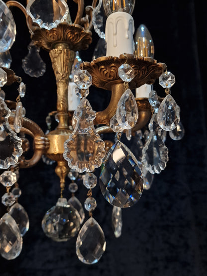 Beautiful Antique French 5 Arm Brass and Crystal Chandelier Ceiling Light