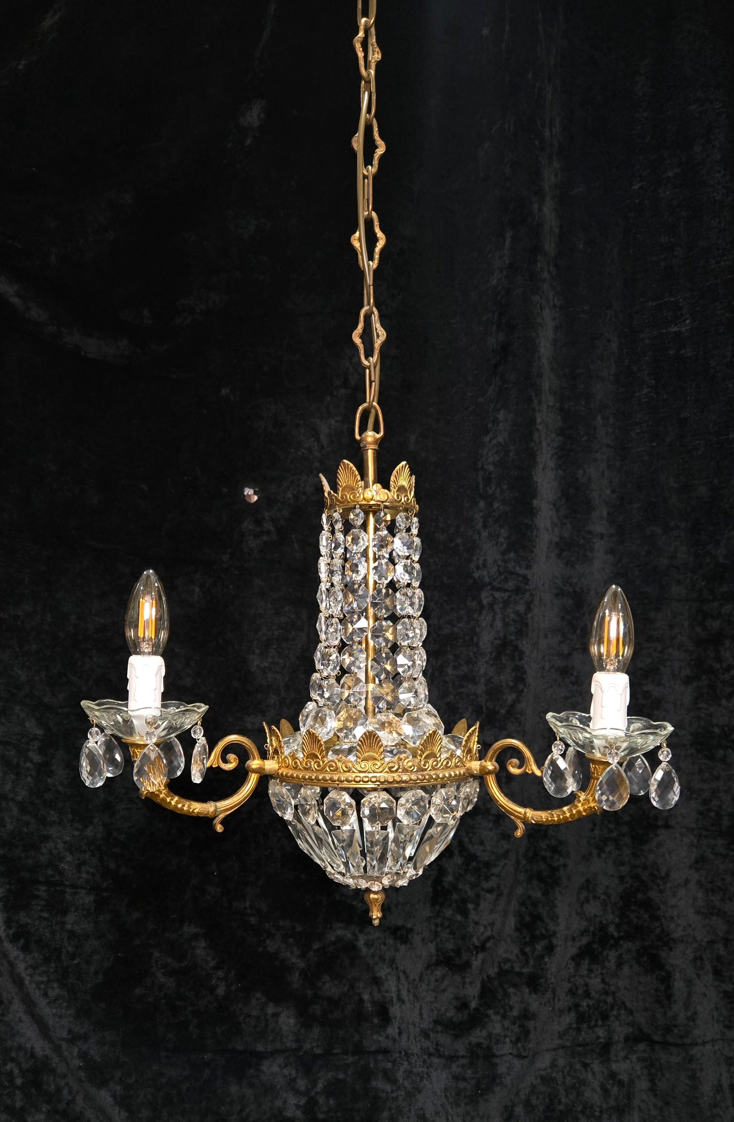 Traditional Vintage French 3 Arm Brass and Crystal Montgolfiere Bag Chandelier