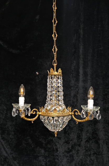 Traditional Vintage French 3 Arm Brass and Crystal Montgolfiere Bag Chandelier