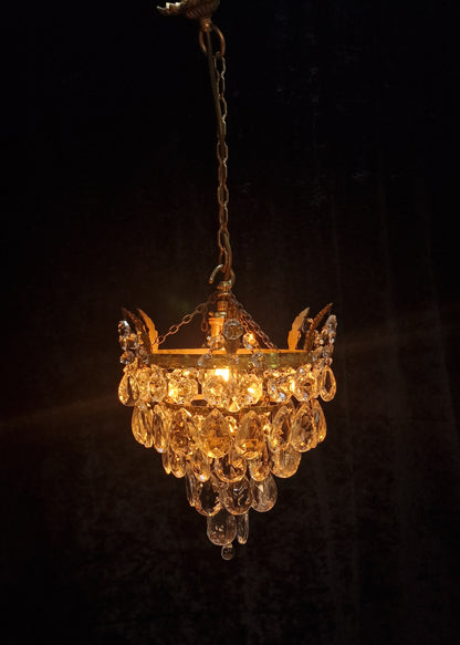 Lovely Vintage French Brass 1 Light Crystal Glass 4 Tier Waterfall Leaf Chandelier