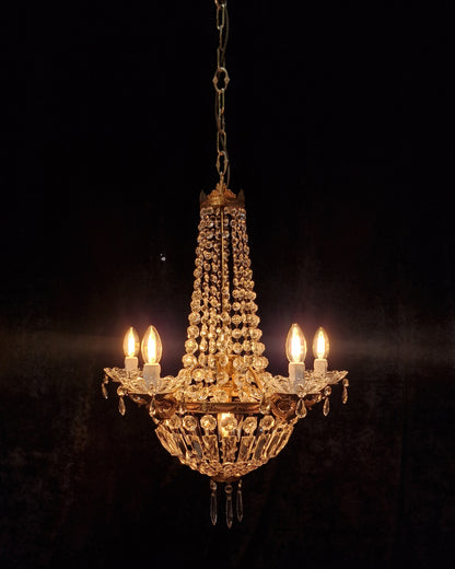 Traditional Antique French 5 Arm 6 Light Crystal Brass Montgolfiere Chandelier