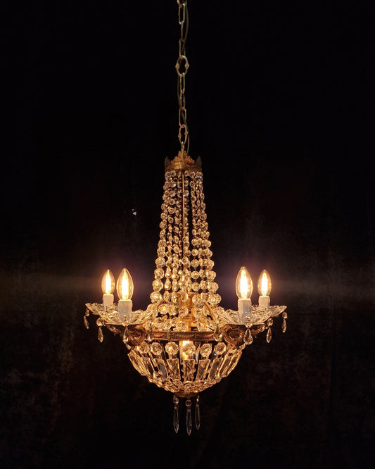 Traditional Antique French 5 Arm 6 Light Crystal Brass Montgolfiere Chandelier