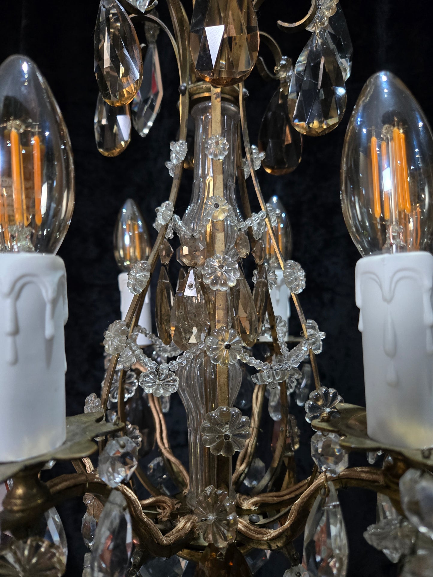 Beautiful Antique Italian 6 Arm Brass Crystal Cage Chandelier Ceiling Light