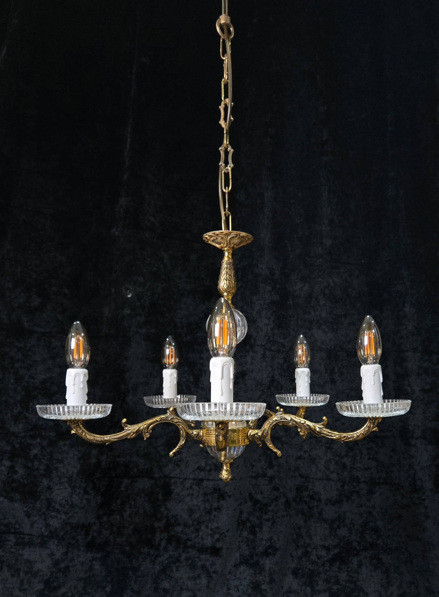Classical Vintage 5 Arm Brass and Glass Chandelier Ceiling Light