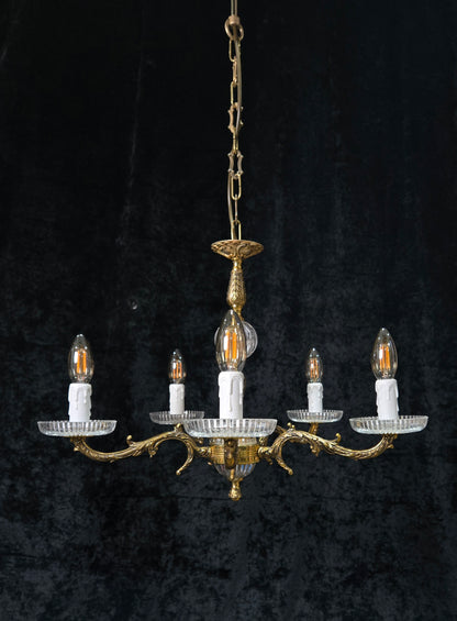 Classical Vintage 5 Arm Brass and Glass Chandelier Ceiling Light