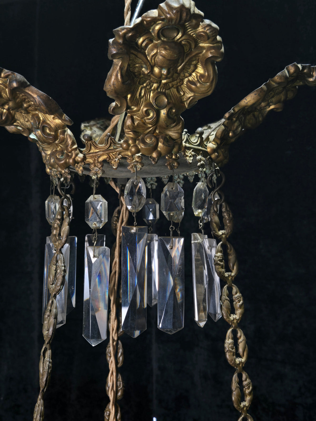 Exceptional Antique French Late 1800s 9 Arm Brass Blue Glass Crystal Chandelier