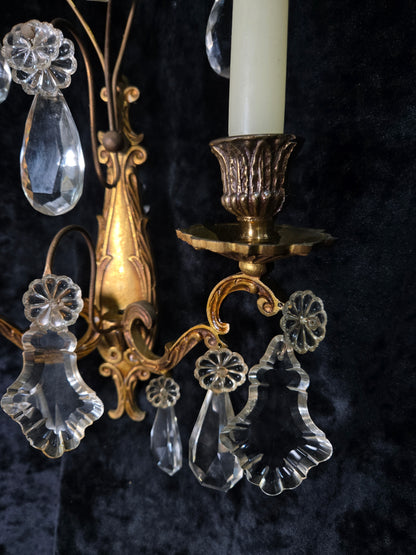 Beautiful Pair Antique French Gilt Bronze Brass 2 Arm Crystal Candle Wall Lights