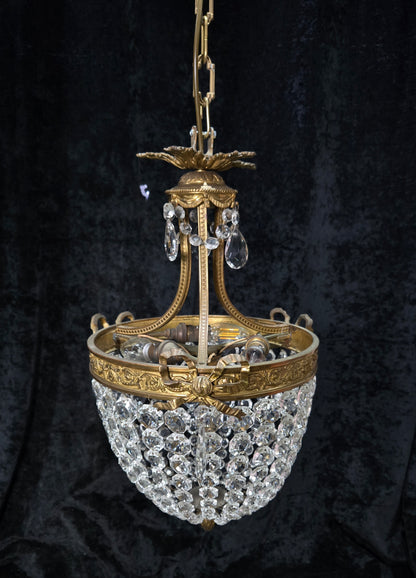 Traditional Antique French 3 Light Brass Bronze Crystal Empire Chandelier