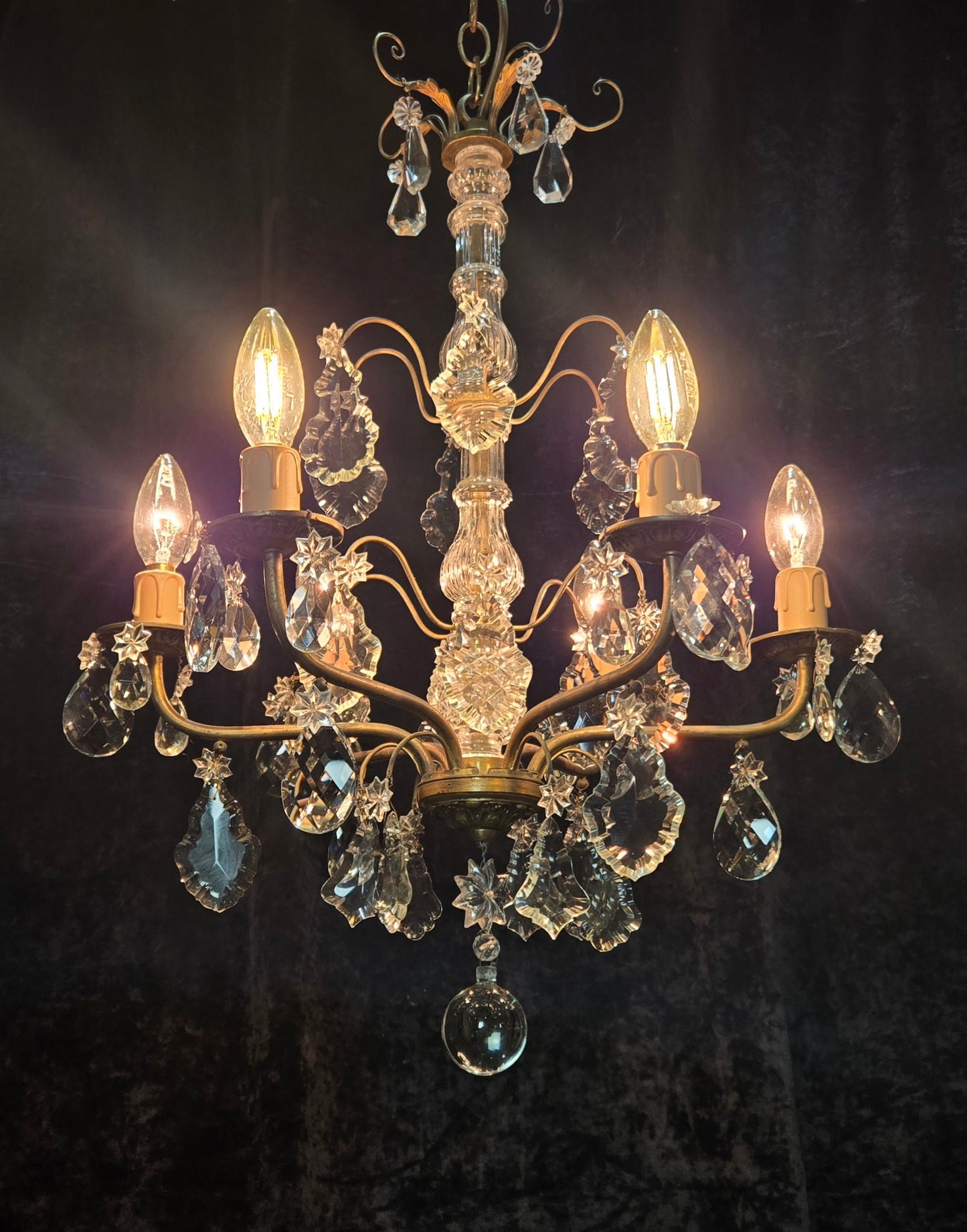 Beautiful Antique French 6 Arm Brass 3 Tier Crystal Chandelier Ceiling Light