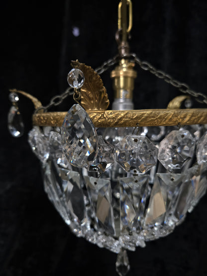 Beautiful Antique French Crystal Half Bag Brass Leaf Chandelier Ceiling Light