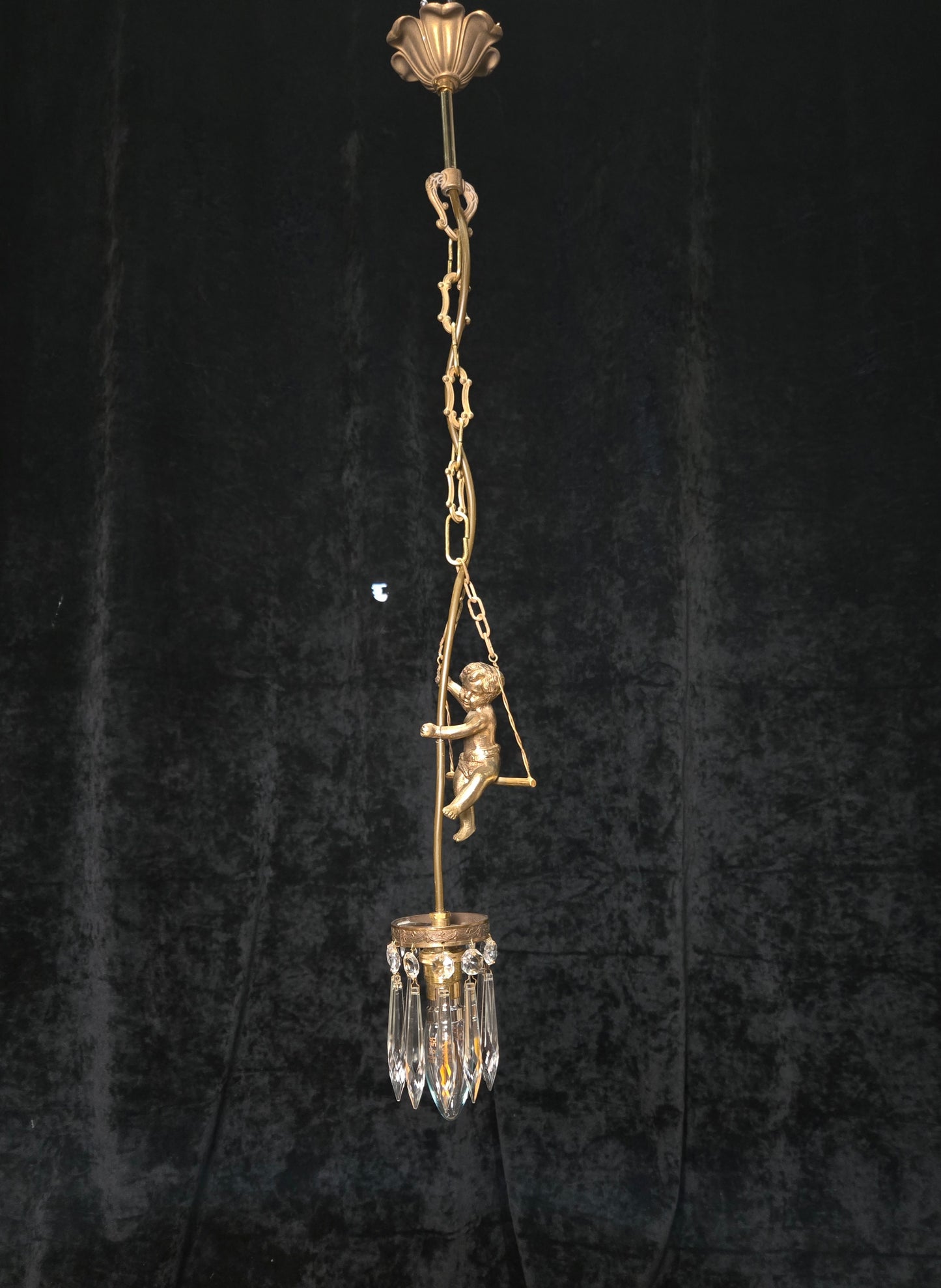 Beautiful Petite Vintage French Brass Cherub Crystal Chandelier Ceiling Light