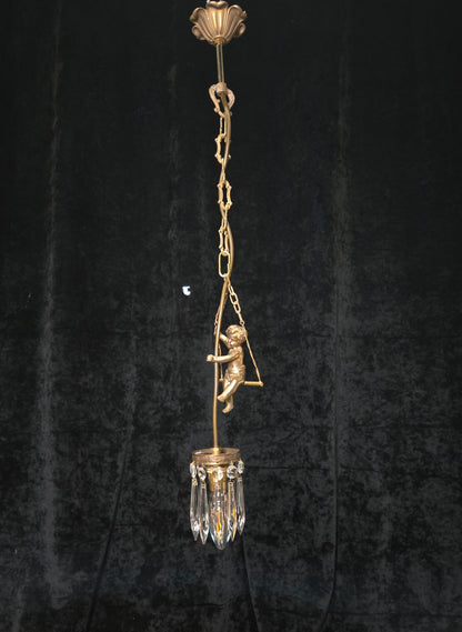 Beautiful Petite Vintage French Brass Cherub Crystal Chandelier Ceiling Light