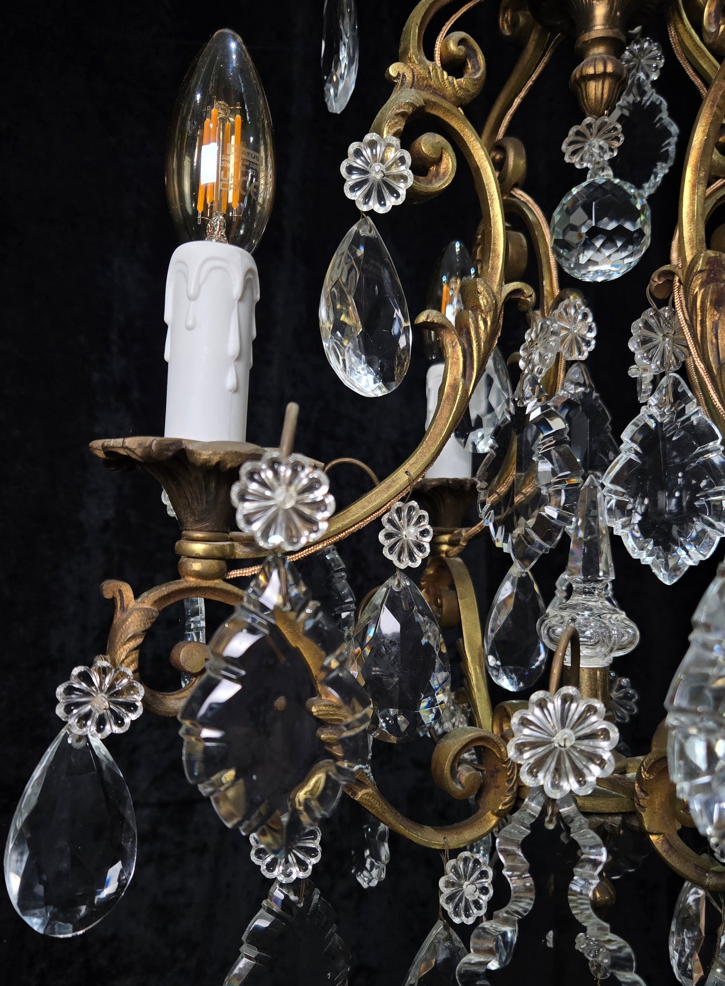 Gorgeous Heavy Antique French 4 Arm Caged Bronze Crystal Chandelier Light