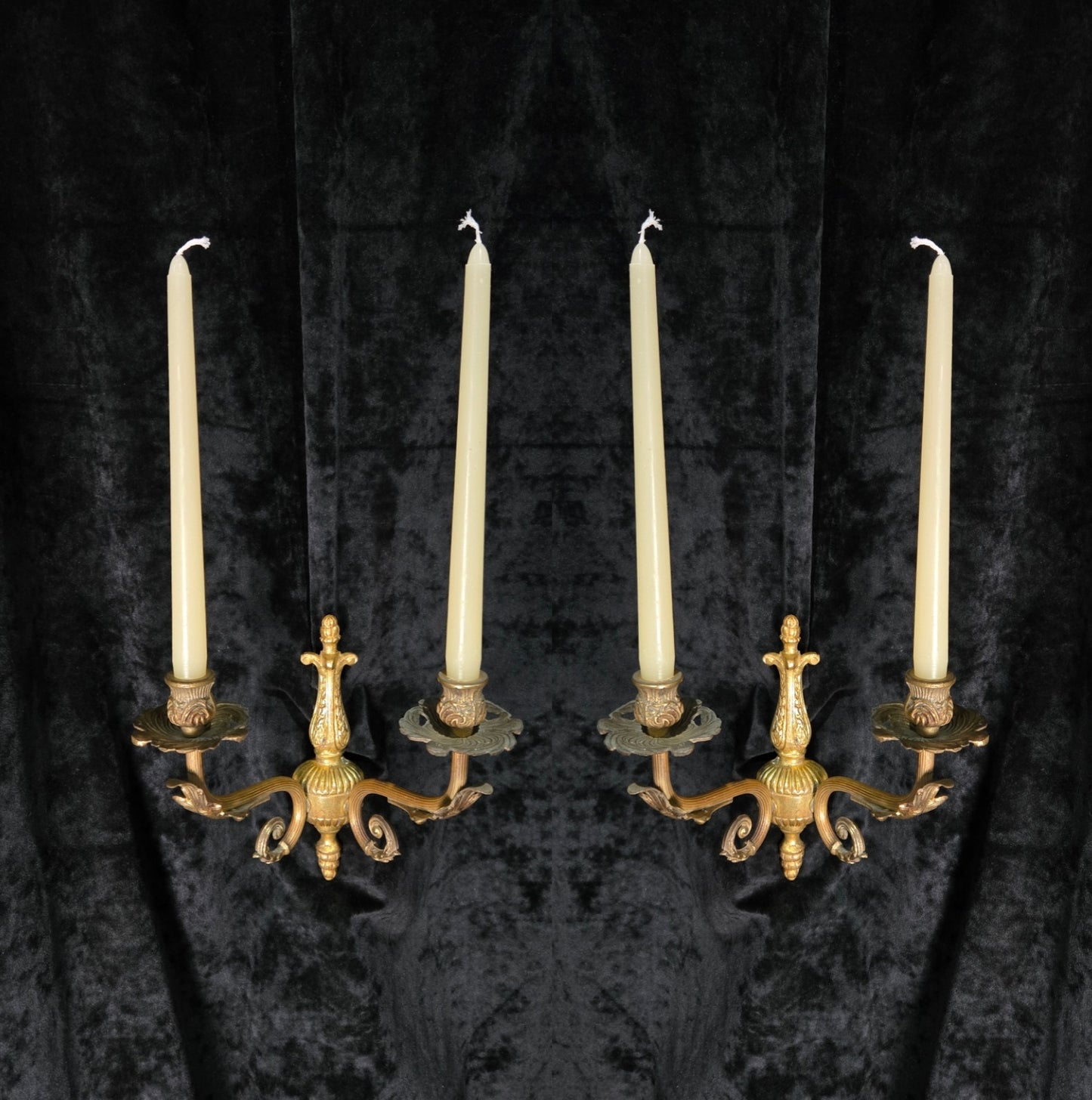 Decorative Pair of Antique French 2 Arm Solid Brass Candle Wall Lights Sconces